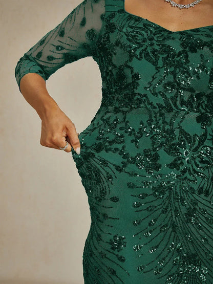 Square Neck 3/4 Sleeve Sequin Embroidered Mermaid Gown