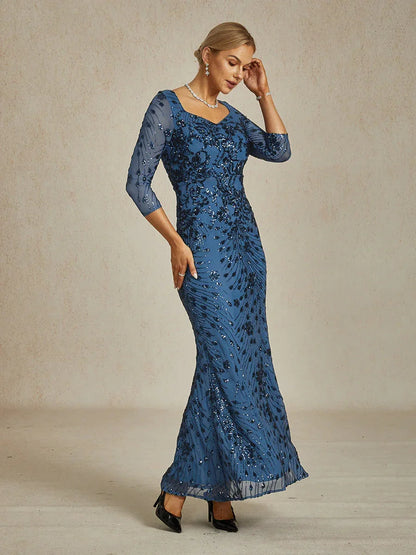 Square Neck 3/4 Sleeve Sequin Embroidered Mermaid Gown