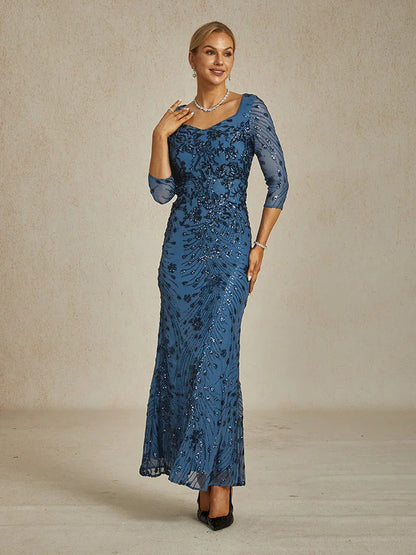Square Neck 3/4 Sleeve Sequin Embroidered Mermaid Gown