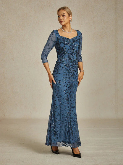 Square Neck 3/4 Sleeve Sequin Embroidered Mermaid Gown