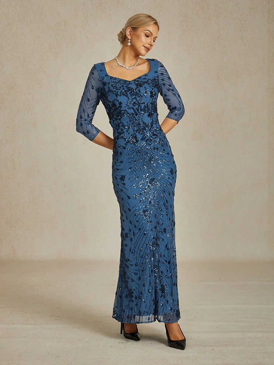 Square Neck 3/4 Sleeve Sequin Embroidered Mermaid Gown