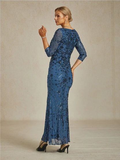 Square Neck 3/4 Sleeve Sequin Embroidered Mermaid Gown