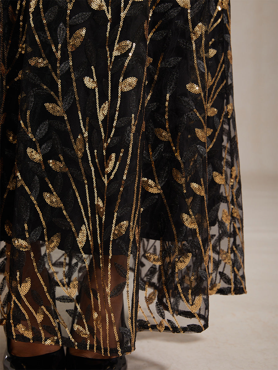 High-Waist A-Line Dress with Sequin Embroidery