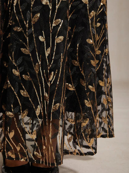 High-Waist A-Line Dress with Sequin Embroidery