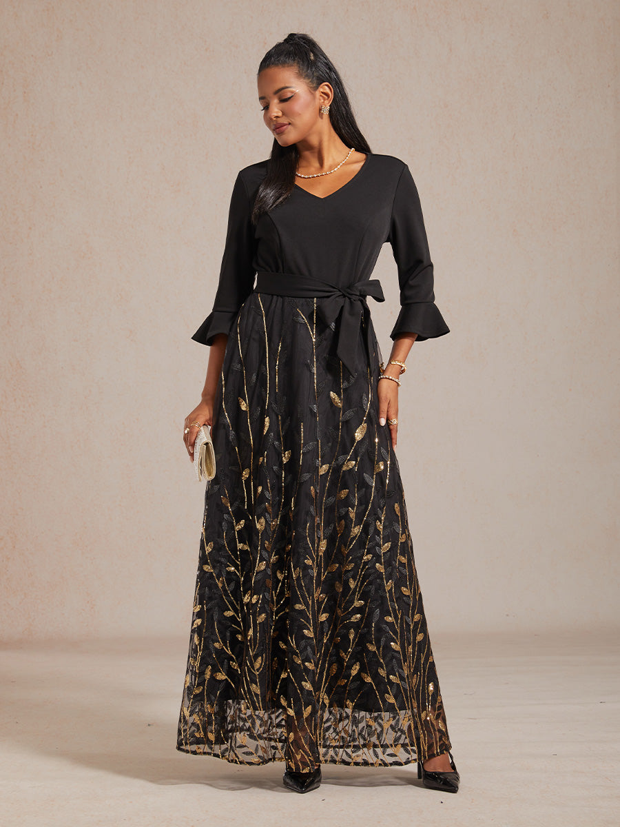 High-Waist A-Line Dress with Sequin Embroidery