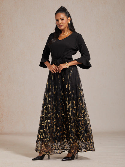 High-Waist A-Line Dress with Sequin Embroidery