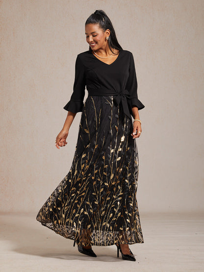 High-Waist A-Line Dress with Sequin Embroidery