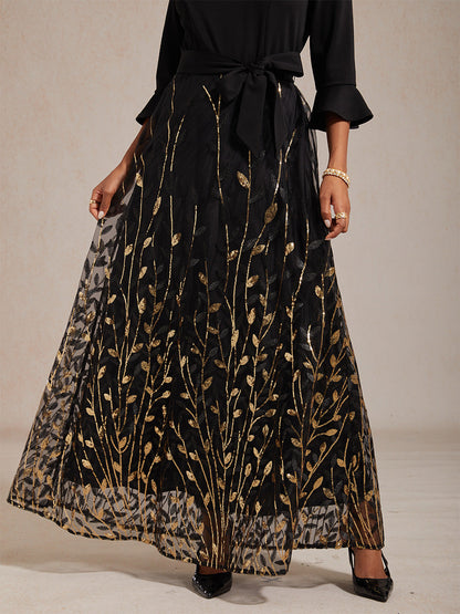 High-Waist A-Line Dress with Sequin Embroidery