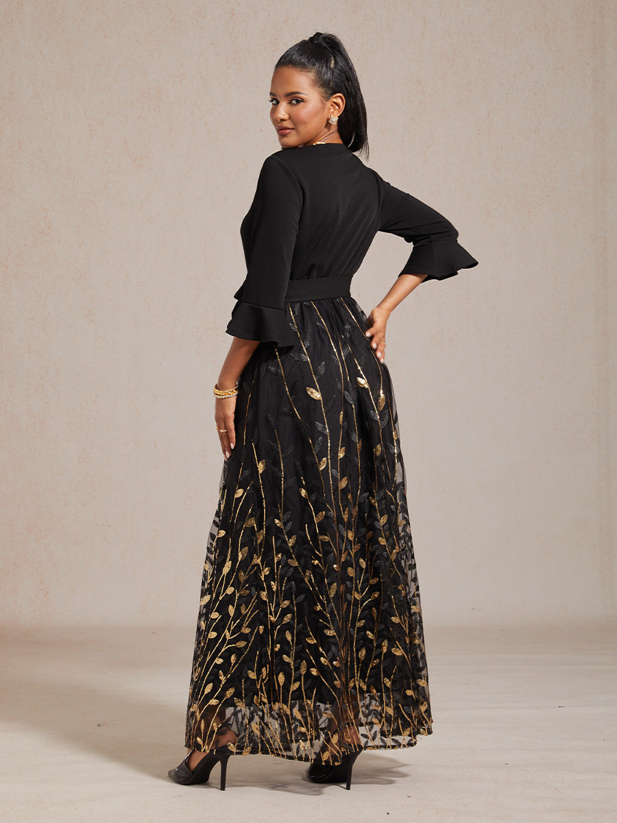 High-Waist A-Line Dress with Sequin Embroidery