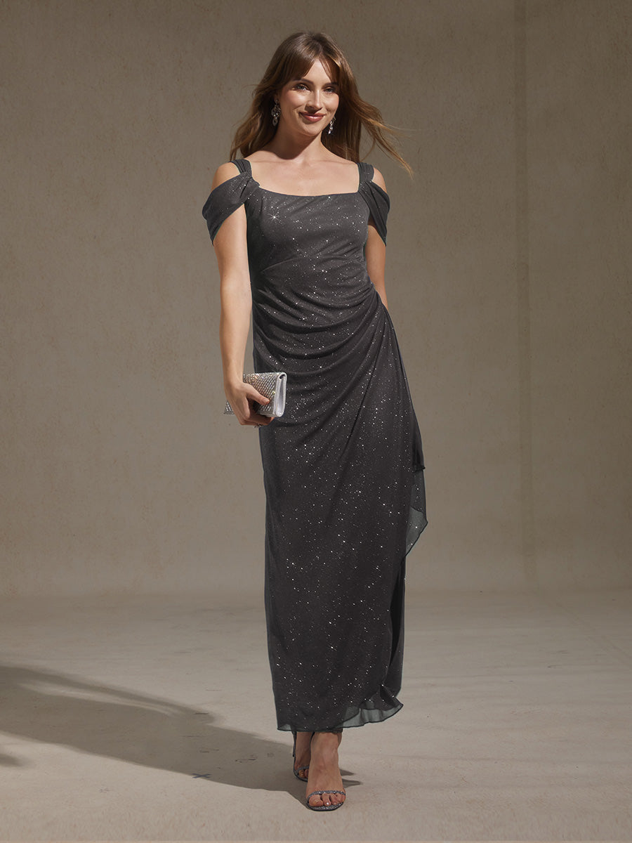 Ankle-Length Cold Shoulder Glitter Mesh Dress