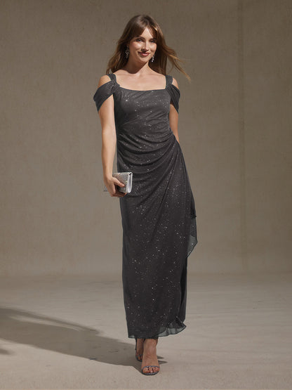 Ankle-Length Cold Shoulder Glitter Mesh Dress