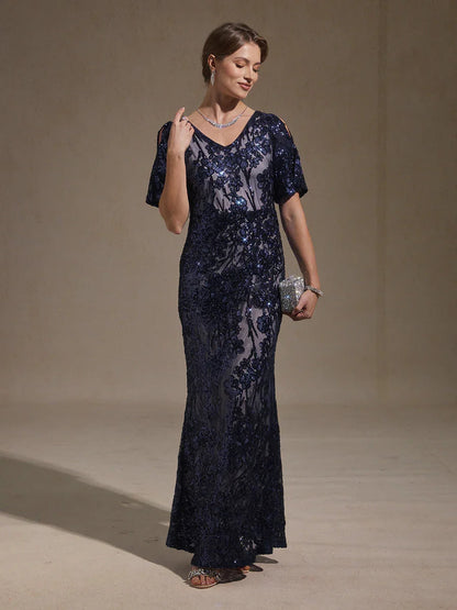 V-Neck Sequin Embroidered Cold Shoulder Evening Dress