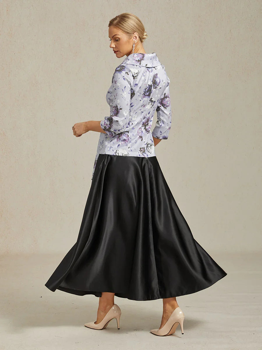 3/4 Sleeve Stretch Taffeta Blouse with Tie Waist Detail