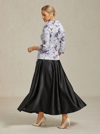 3/4 Sleeve Stretch Taffeta Blouse with Tie Waist Detail