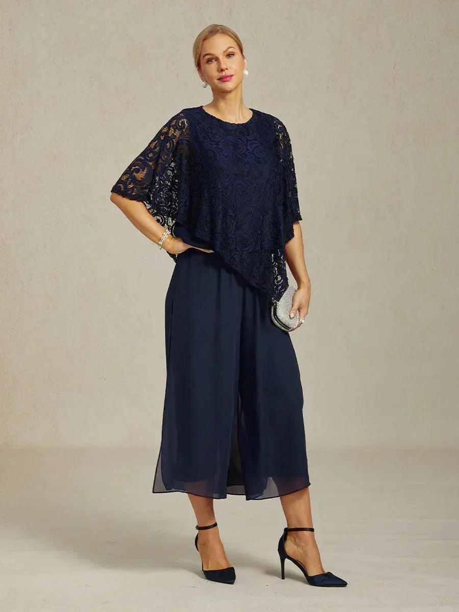 Cropped Length Straight Leg Pant With Chiffon Split Leg Overlay