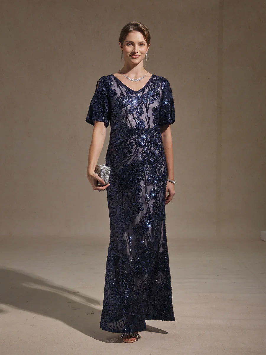 V-Neck Sequin Embroidered Cold Shoulder Evening Dress