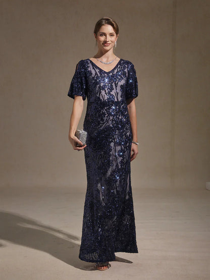 V-Neck Sequin Embroidered Cold Shoulder Evening Dress