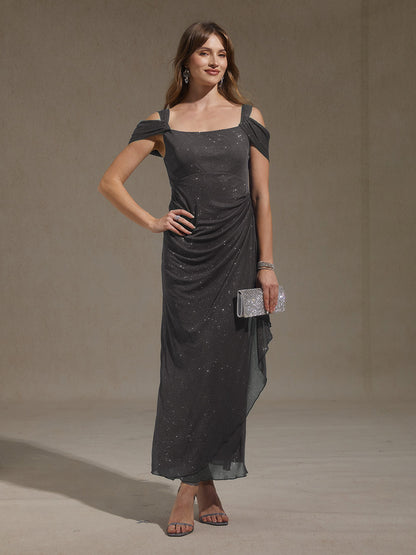 Ankle-Length Cold Shoulder Glitter Mesh Dress