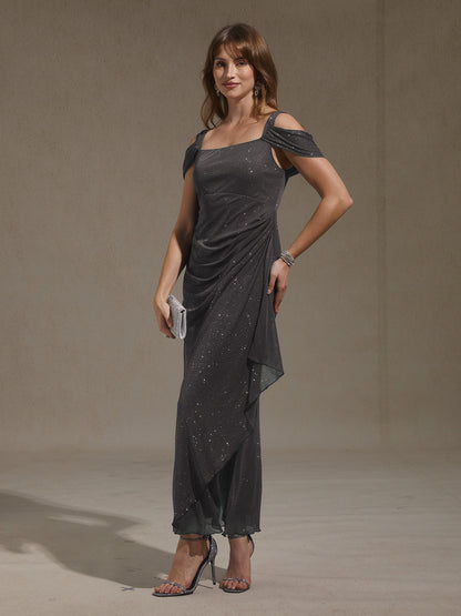 Ankle-Length Cold Shoulder Glitter Mesh Dress