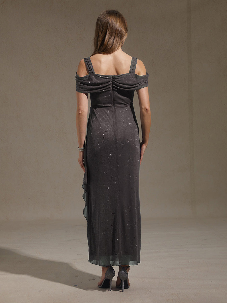 Ankle-Length Cold Shoulder Glitter Mesh Dress