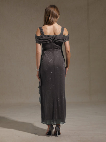 Ankle-Length Cold Shoulder Glitter Mesh Dress