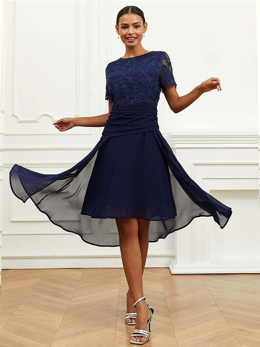 Ruched Chiffon Lace Midi Dress