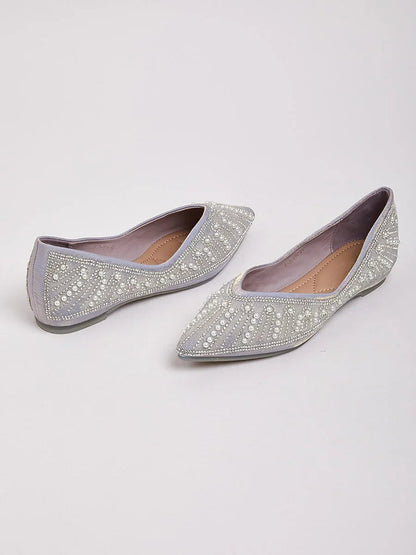 Embellished Pointed Flat Shoes with Pearls and Sequins