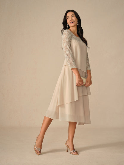 Layered Lace Sleeve Chiffon Dress