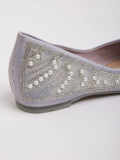 Embellished Pointed Flat Shoes with Pearls and Sequins