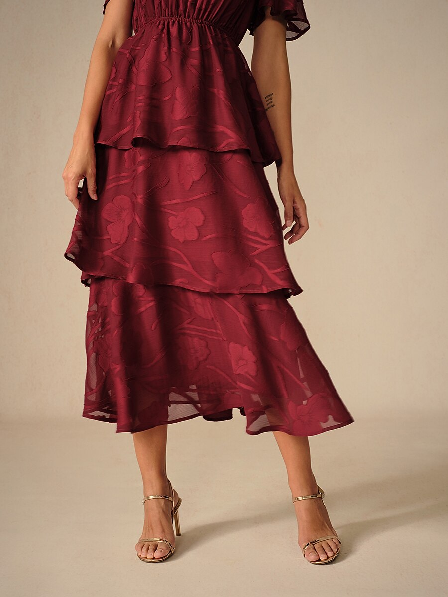 Lace V Neck Ruffle Layered Flutter Dress