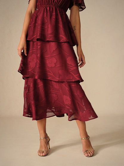Lace V Neck Ruffle Layered  Flutter Dress