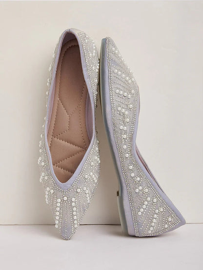 Embellished Pointed Flat Shoes with Pearls and Sequins