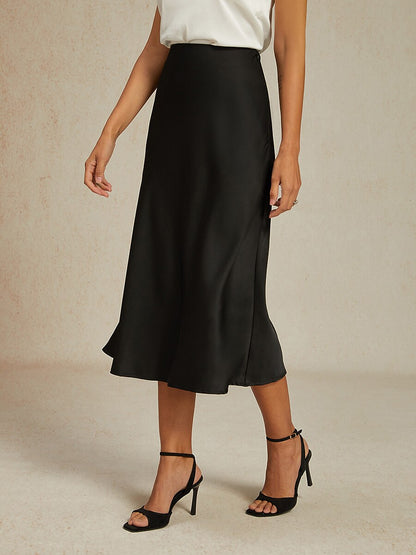 Black Satin Midi Skirt