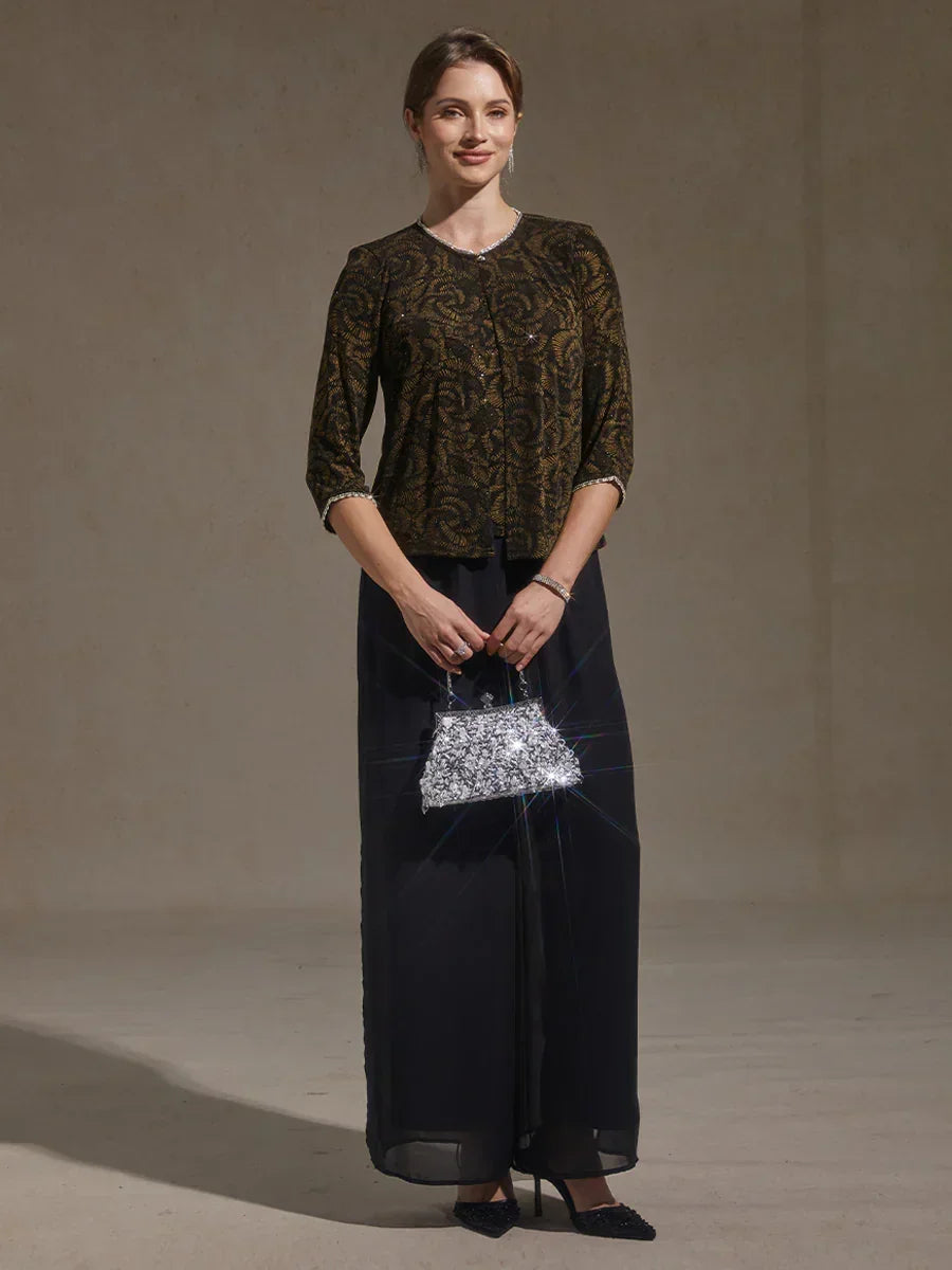 3/4 Sleeve Knit Mock Twinset with Floral Pattern
