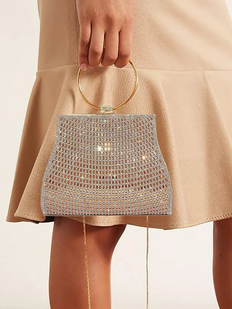 Pochette en cristal avec poignée en anneau doré, sac élégant