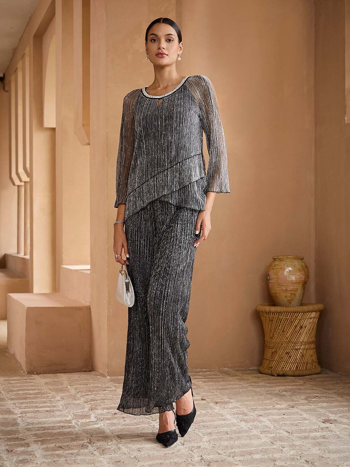 Wide Straight-Leg Chiffon Pants
