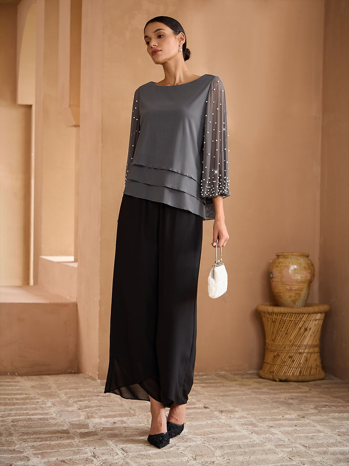 Beaded Layered Mesh Blouse