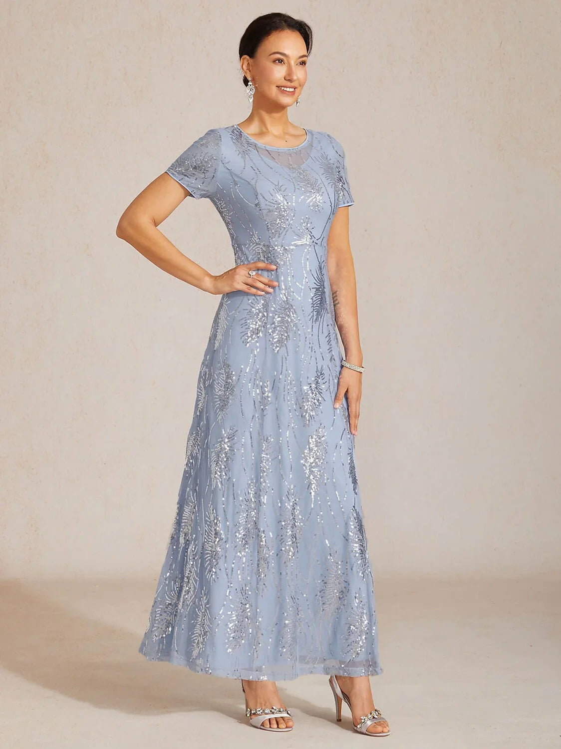 Short Sleeve A-Line Maxi Dress with Mesh Sequin Detail