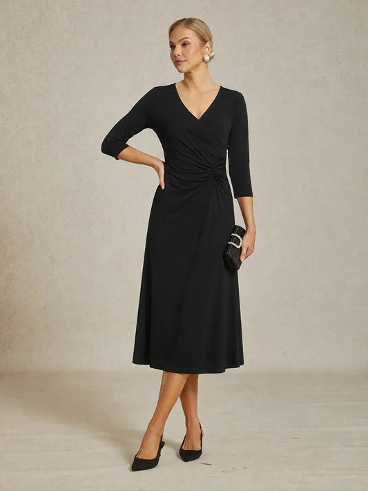 Black V-Neck A-Line Knit Dress with Waist Twist Design