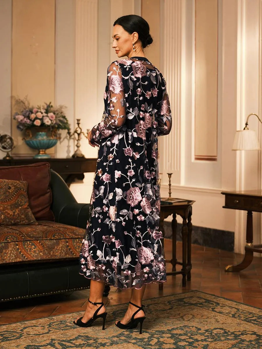 Mesh Lace Embroidered Floral Dress Set