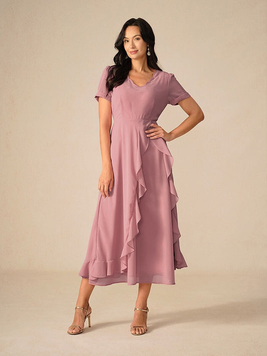 Asymmetrical Ruffle V Neck Blush Pink Maxi Dress