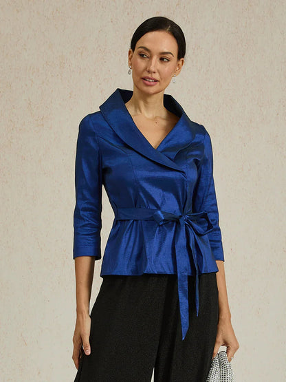 3/4 Sleeve Stretch Taffeta Blouse with Tie Waist Detail