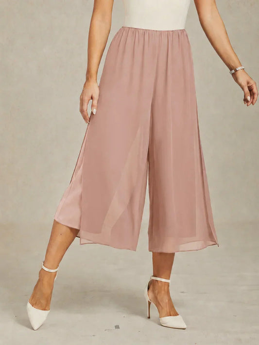 Cropped Length Straight Leg Pant With Chiffon Split Leg Overlay