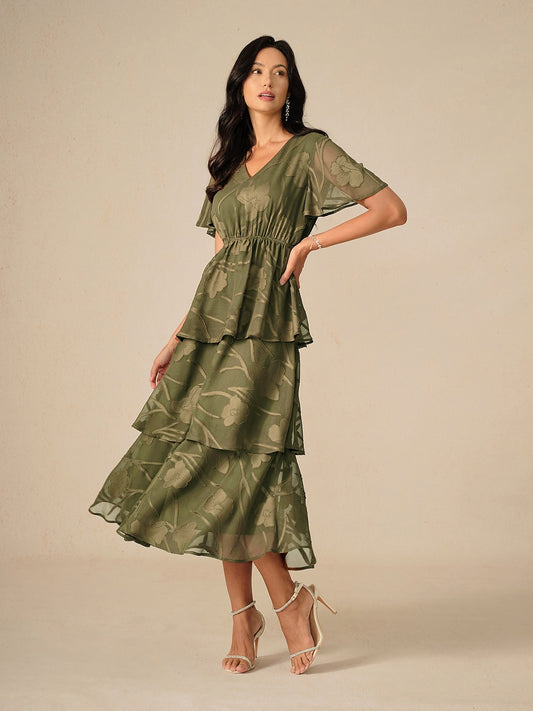 Lace V Neck Ruffle Layered  Flutter Dress