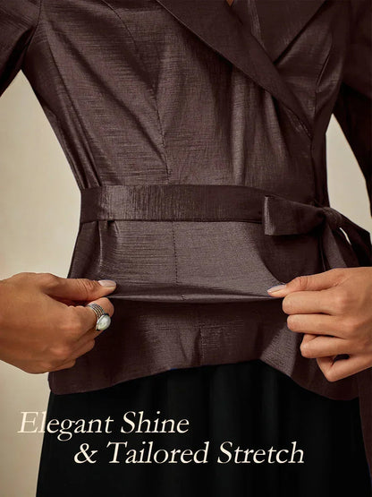 3/4 Sleeve Stretch Taffeta Blouse with Tie Waist Detail