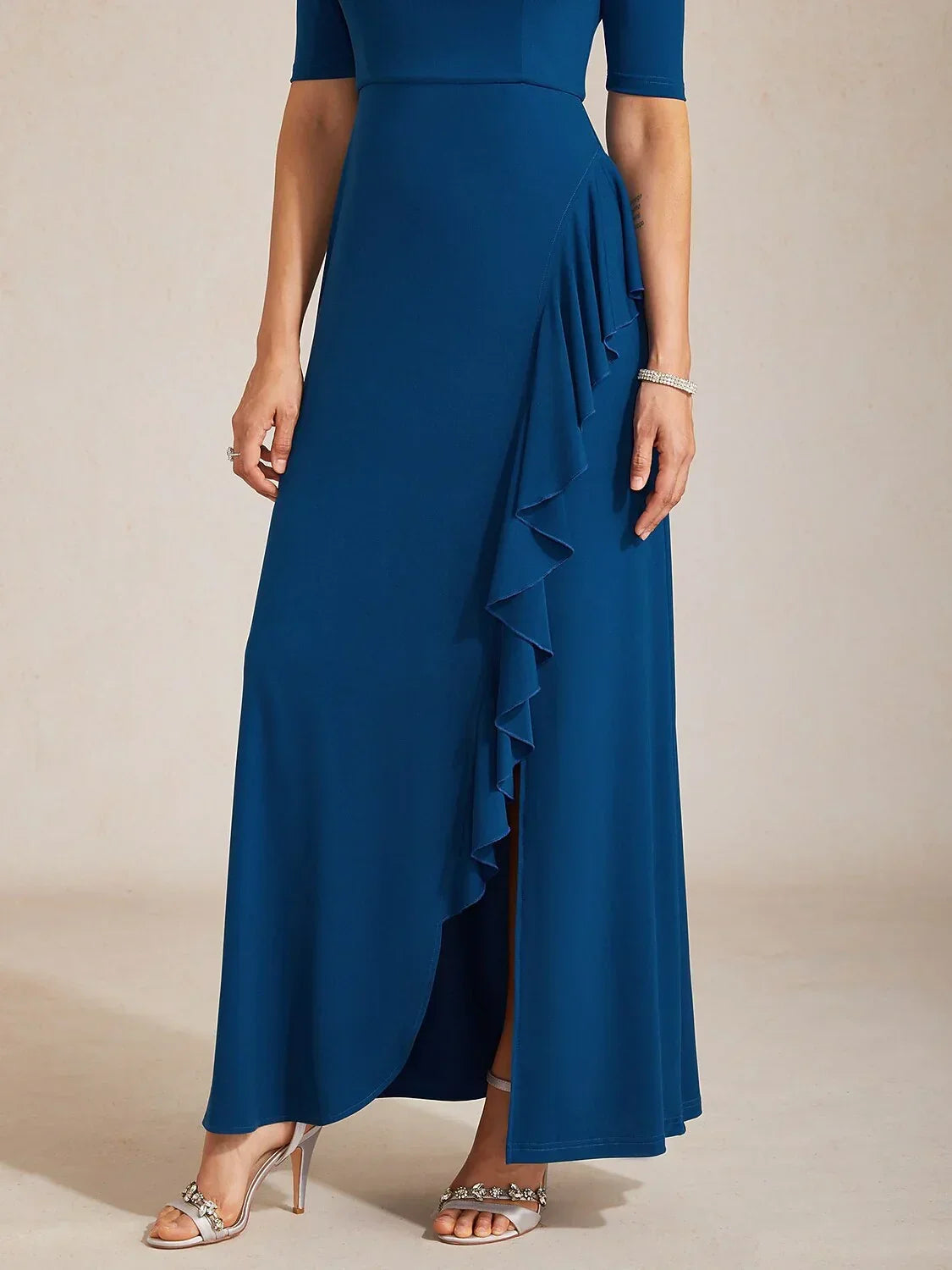 Boat Neck Ruffle A-Line Maxi Dress with Rhinestone Neck Detail