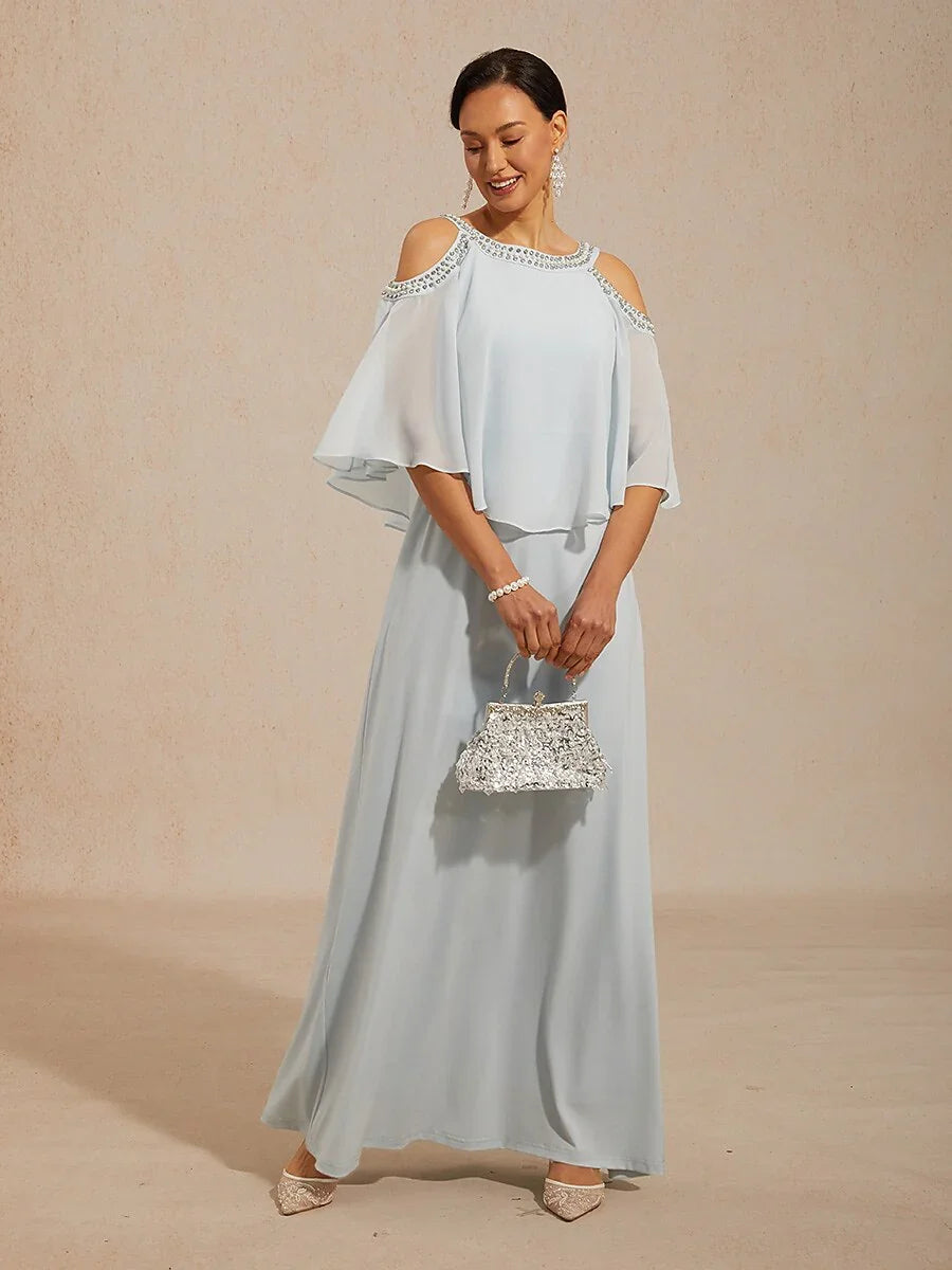 Cold Shoulder A-Line Chiffon Gown with Rhinestone