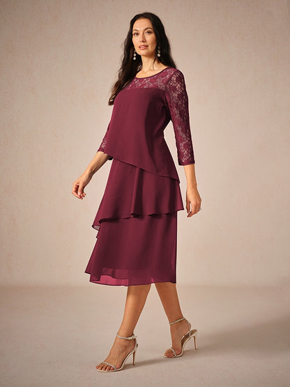 Layered Lace Sleeve Chiffon Dress