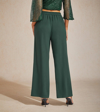 Mid-Rise Elastic Waist Wide-Leg Pants with Pockets