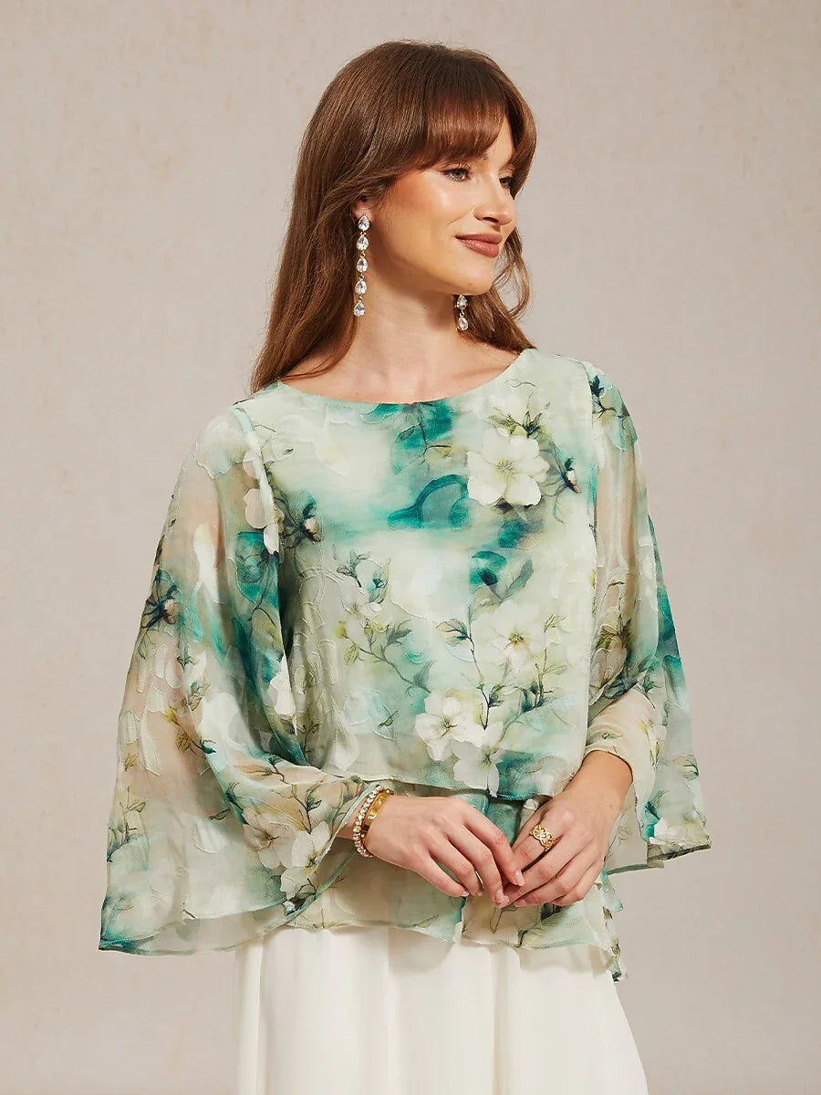 Lace Chiffon Layered Blouse with Floral Print